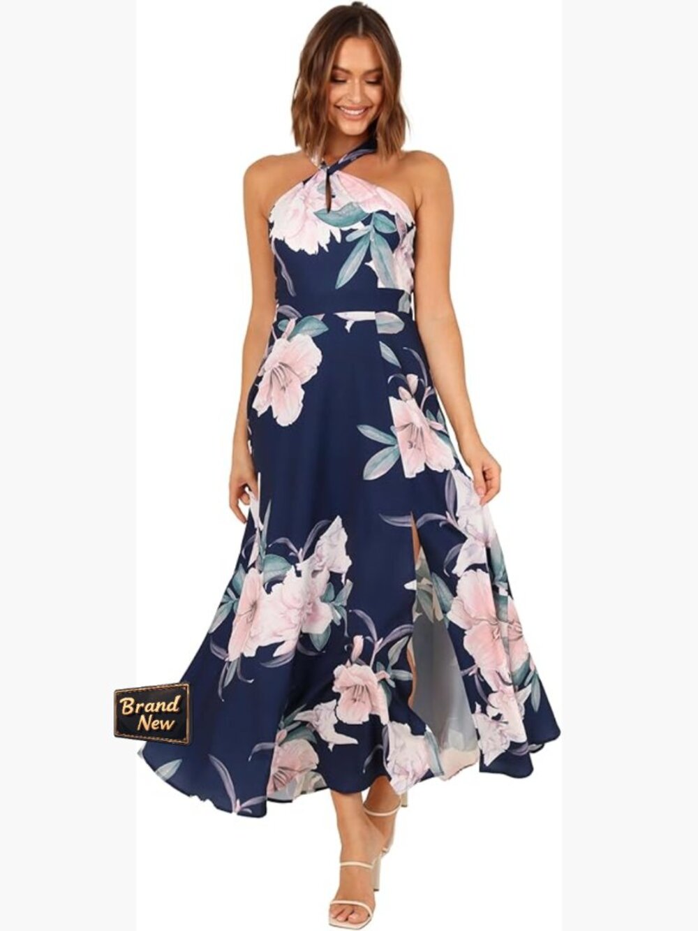 Maxi Dress Halter Neck Front Cut Out Sleeveless A-Line Floral Party